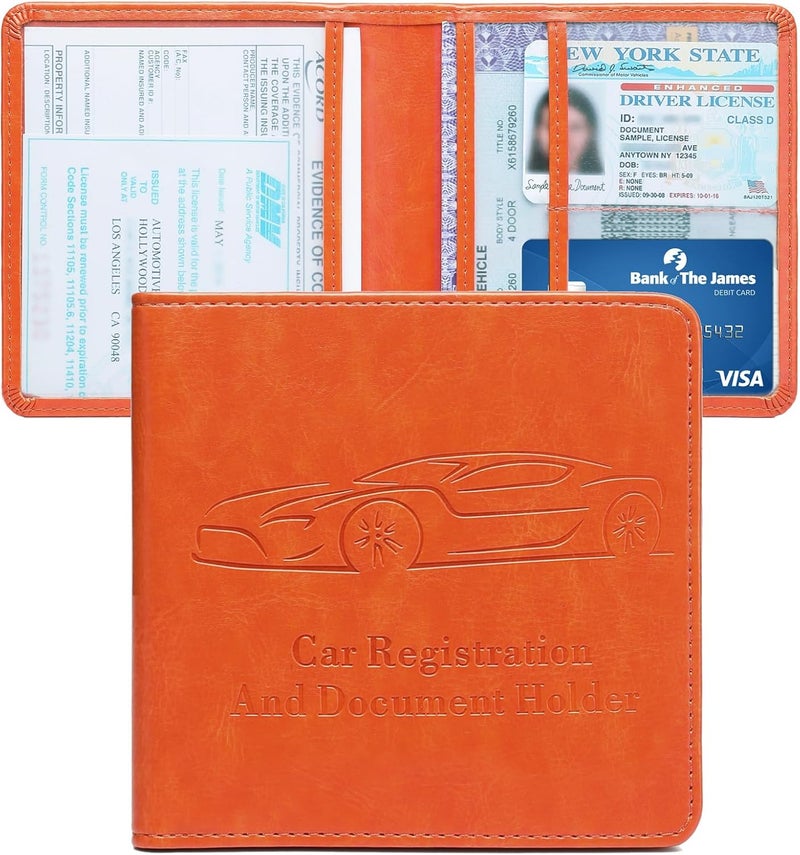 Peisicne Car Registration and Insurance Holder, Vehicle Glove Box Car Organizer with Magnetic Closure for Documents, Cards, License Car Organization, 1-Pack Orange - Image 1